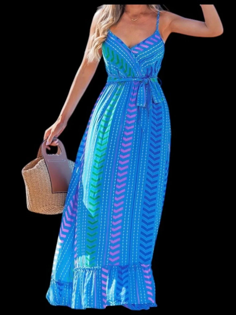 Cupshe Moonlit Stroll Blue Boho Maxi Dress Ruffle Hem Striped NWT Size Small - Picture 2 of 7